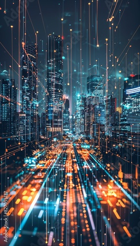 Digital Metropolis: Futuristic Cityscape with Vibrant Particle Fields and Smart Big Data Infrastructure