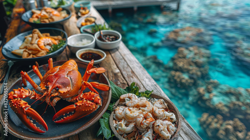 A lavish spread of seafood including lobster and shrimp  served over a vibrant coral reef in clear waters.