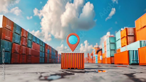 A colorful marker stands in front of a large container, symbolizing the creative and dynamic process of international freight transportation photo