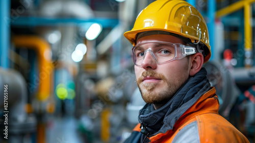 A young male industrial engineer wearing safety gear, standing confidently in a factory setting with machinery in the background.