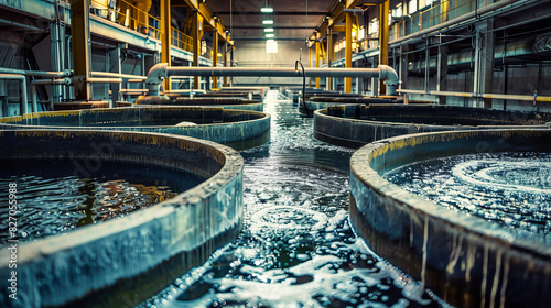 Water flows through pipes in an industrial water treatment plant, filtering and cleansing to protect the ecology photo