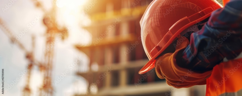 Obraz premium Closeup of hands adjusting a hard hat, blurred construction site in the background, bright and clear