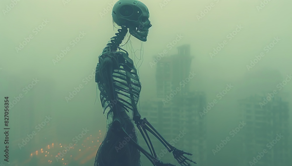 Skeleton silhouette standing in a foggy cityscape. Skeleton silhouette standing in a foggy cityscape.
