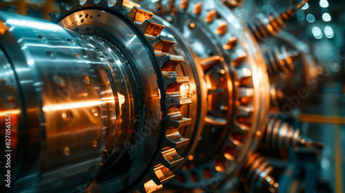 Close-up view of high precision machinery gears, showcasing intricate engineering and mechanical components.
