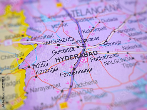 Hyderabad on a map of India with blur effect