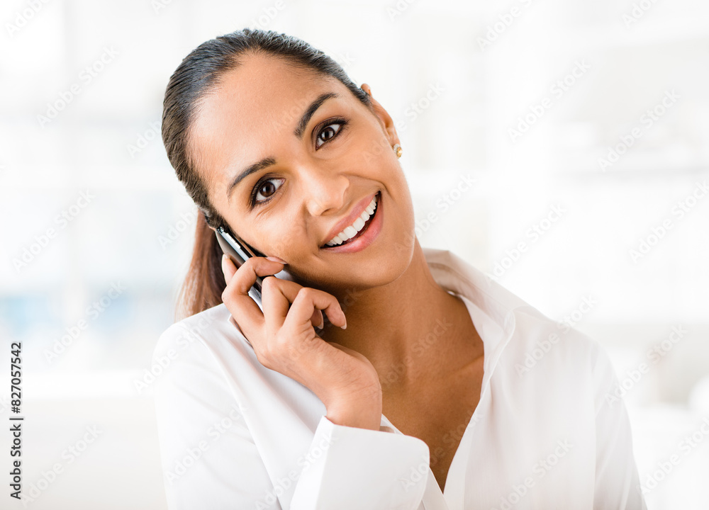 Phone call, smile and portrait of business woman talking to contact for news, negotiation or networking in office. Face, happy or financial agent on mobile for story, chat or conversation in Brazil Phone call, smile and portrait of business woman talking to contact for news, negotiation or networking in office. Face, happy or financial agent on mobile for story, chat or conversation in Brazil