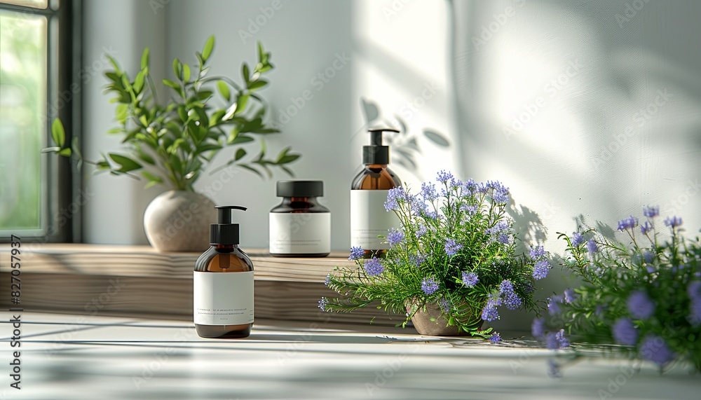 Three bottles of perfume are displayed on a shelf next to a potted plant Three bottles of perfume are displayed on a shelf next to a potted plant