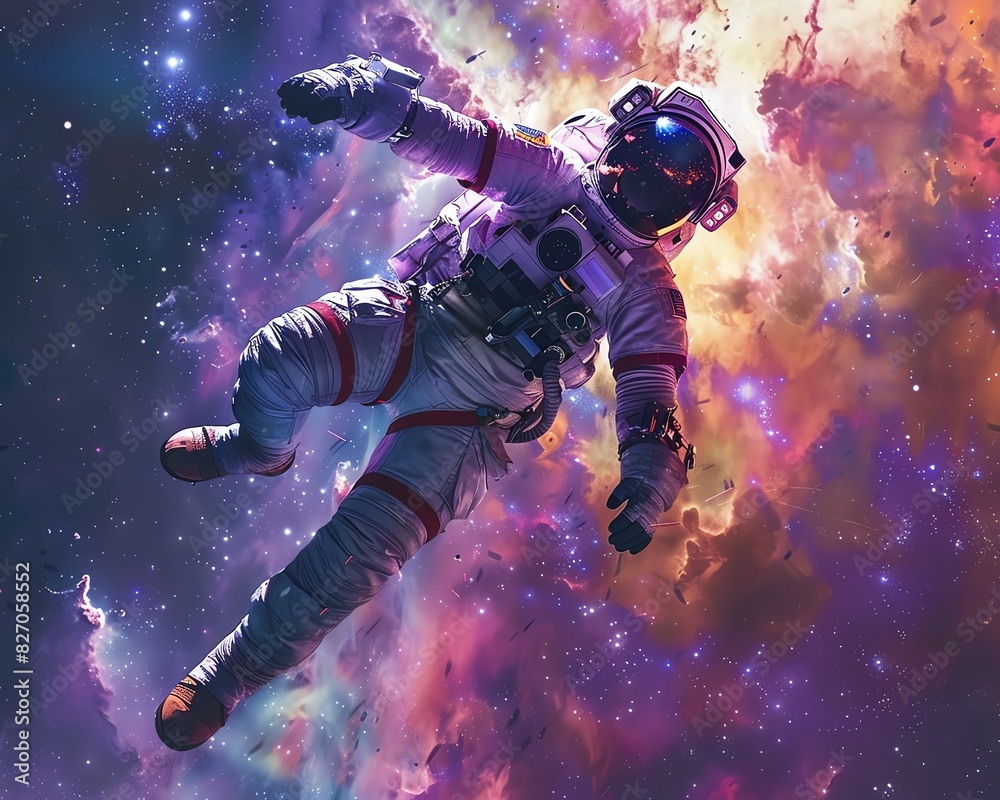 Illustrate an astronaut floating amid a dreamy impressionistic nebula