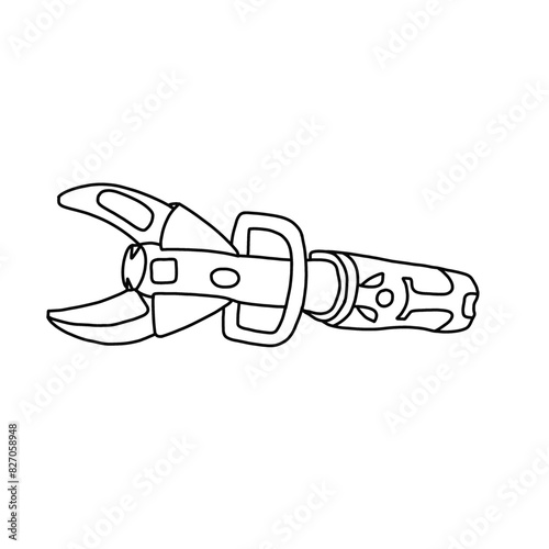 Vector illustration Jaws of life or hydraulic rescue tool hand drawn sketch Fireman equipment line art, front view, isolated on white background, For kids coloring book or science illustration.