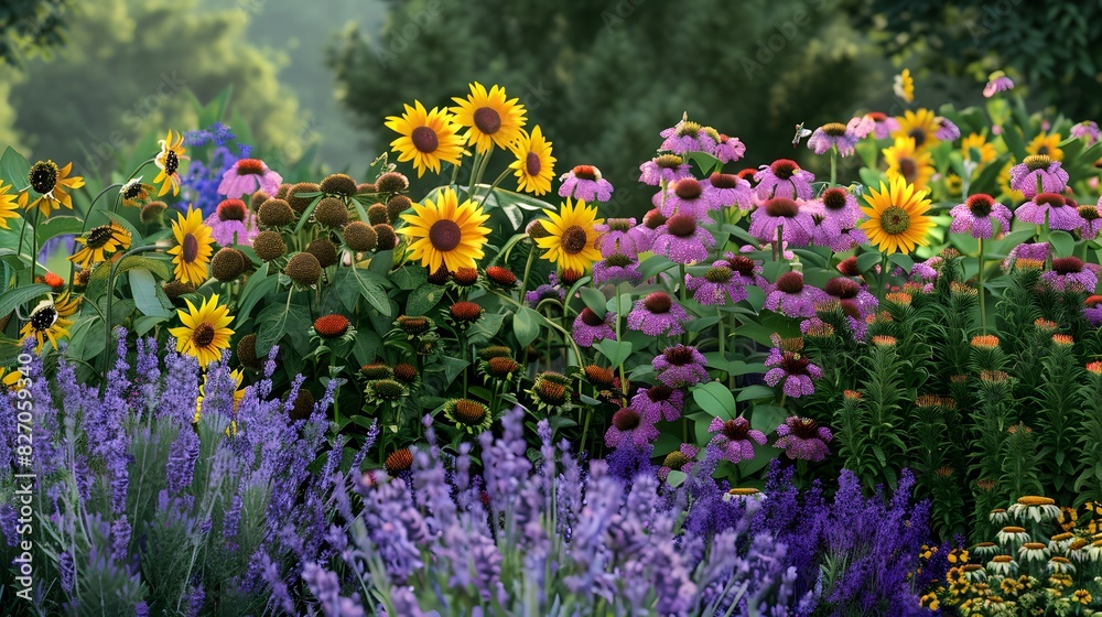 vibrant garden with colorful coneflowers , garden overflowing with coneflowers