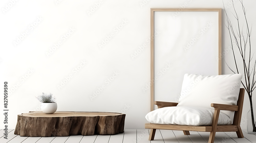 lounge chair and wood stump side table with empty blank mock up frame home interior. Generative AI lounge chair and wood stump side table with empty blank mock up frame home interior. Generative AI