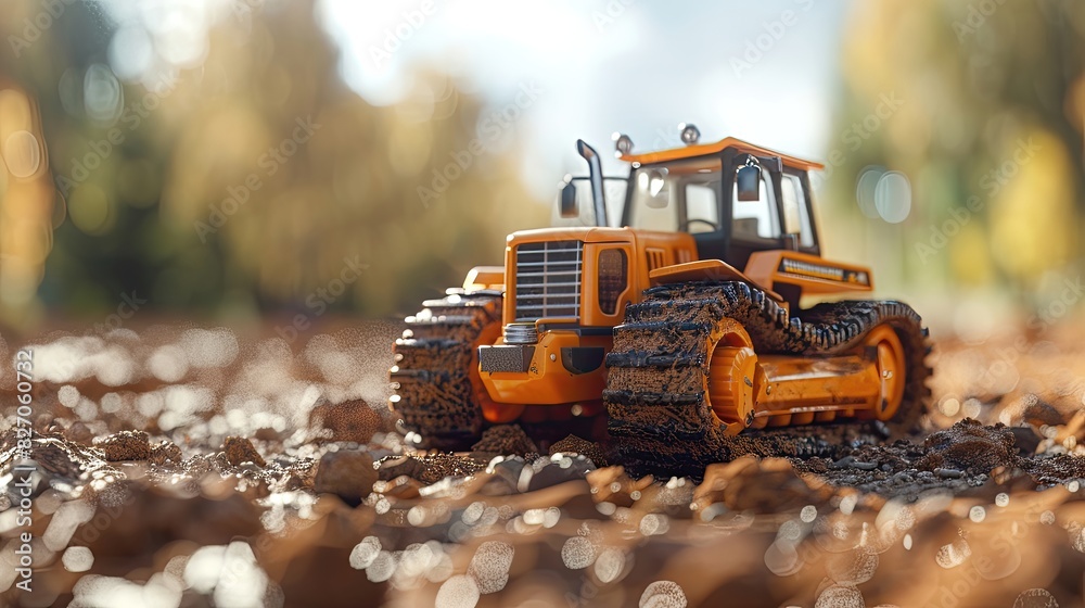 A toy tractor is driving through a muddy field A toy tractor is driving through a muddy field