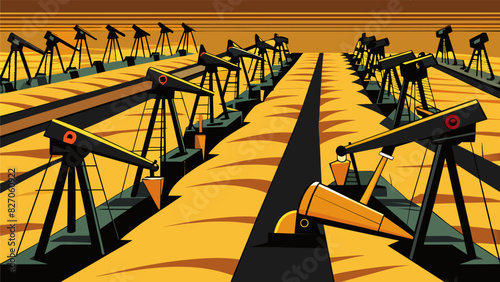 Rows upon rows of mechanical pumpjacks stretching as far as the eye can see extracting black gold from the ground.. Vector illustration