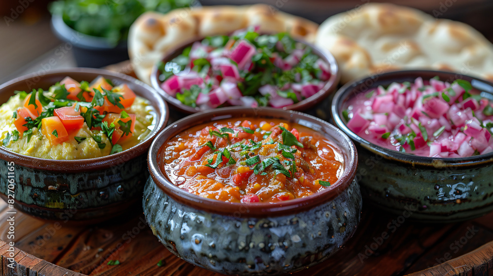 Delicious and colorful trio of dips with grilled