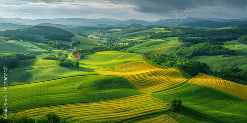 Rolling green hills under a bright blue sky with fluffy clouds and golden sunlight  creating a serene and picturesque rural landscape that stretches into the horizon. 