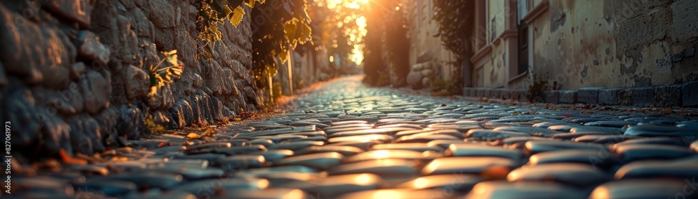 Scenic stone-paved alley with warm sunlight casting a golden glow, creating a serene and nostalgic atmosphere during sunset. Scenic stone-paved alley with warm sunlight casting a golden glow, creating a serene and nostalgic atmosphere during sunset.
