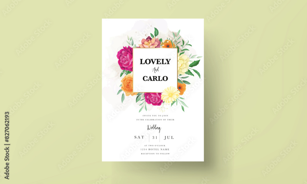 wedding invitation with beautiful colorful flowers