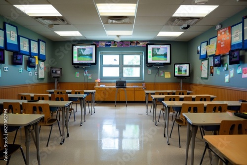Modern classroom with innovative educational tools such as interactive tablets