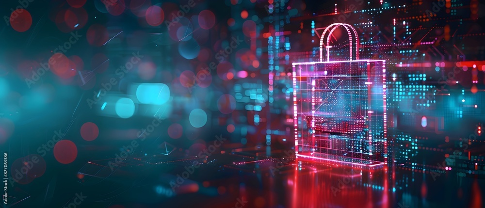 Digital illustration of cyber security and shopping bag icon hologram on digital background, data technology concept ,3d rendering, banner design with copy space area for web graphics. Digital illustration of cyber security and shopping bag icon hologram on digital background, data technology concept ,3d rendering, banner design with copy space area for web graphics.