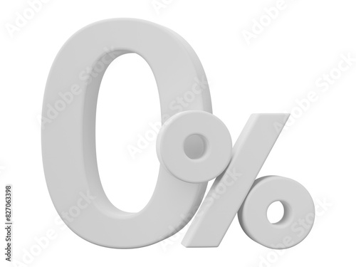 White zero percent or 0% special offer isolated on transparent background. 3d render illustration.