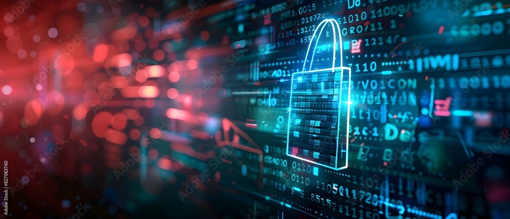 Digital illustration of cyber security and shopping bag icon hologram on digital background, data technology concept ,3d rendering, banner design with copy space area for web graphics. 