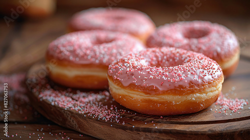 Delicious frosted donuts on wooden surface. 2 1