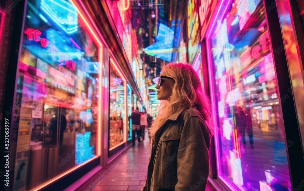 A woman wearing sunglasses walks down a street at night, with colorful neon lights reflecting off the buildings. AI. A woman wearing sunglasses walks down a street at night, with colorful neon lights reflecting off the buildings. AI.