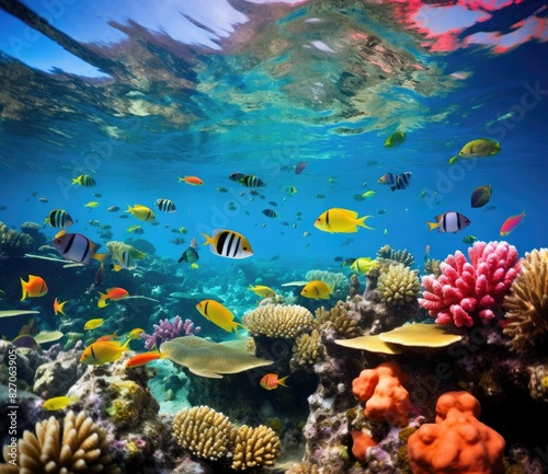 A vibrant and colorful coral reef teeming with a variety of fish and marine life. AI.