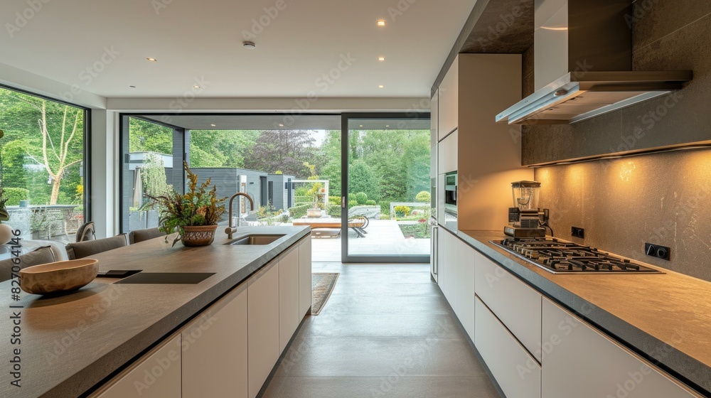 Modern kitchen with large windows and a view of the garden. AI. Modern kitchen with large windows and a view of the garden. AI.