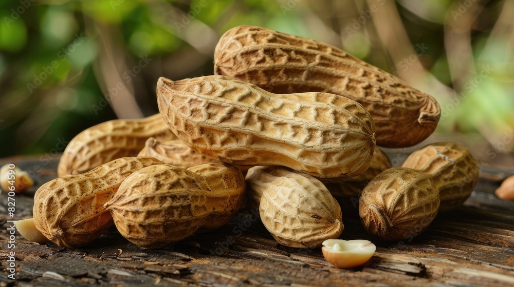 Peanuts in shells displayed on a wooden surface Peanuts in shells displayed on a wooden surface