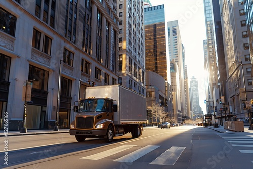 a gray semi-trailer with a large drilling cabin and a long trailer, making local commercial deliveries in a city with multi-level residential buildings,