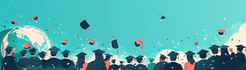 Naklejka premium Academic success celebration with students tossing caps and holding diplomas, featuring a globe in the background. Flat design, pastel colors, and close-up view.