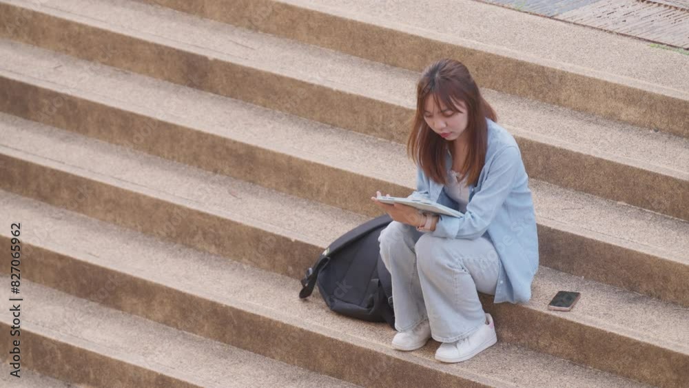 A woman is sitting on a set of stairs with a tablet in her lap. She is reading something on the tablet A woman is sitting on a set of stairs with a tablet in her lap. She is reading something on the tablet