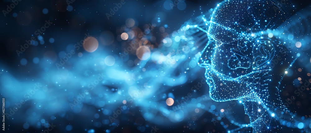 Digital representation of human mind with circuits and glowing nodes, showcasing concept of artificial intelligence and technology integration. Digital representation of human mind with circuits and glowing nodes, showcasing concept of artificial intelligence and technology integration.