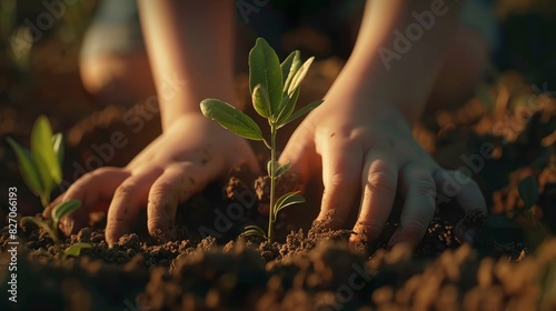 Close-up of children hands planting a tree in the soil, Planting young tree by kid hand on back soil as care and save wold concept, generative ai photo