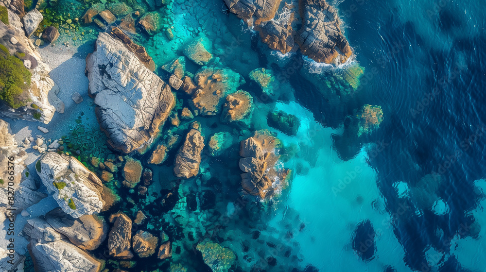 Obraz premium From a bird's eye view you can admire the peace and harmony that prevails over this picturesque coast. The rocky formations of the waterfront contrast with the delicate tones of the turquoise waters.