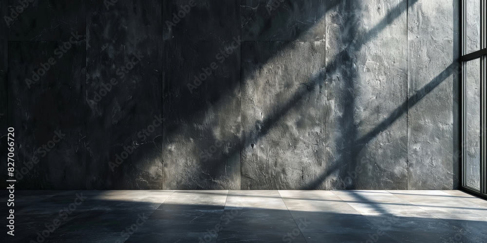 empty concrete room with window and shafow, Industrial interior with large windows casting dramatic shadows on a textured concrete wall and floor, creating a stark and moody atmosphere in an urban set empty concrete room with window and shafow, Industrial interior with large windows casting dramatic shadows on a textured concrete wall and floor, creating a stark and moody atmosphere in an urban set