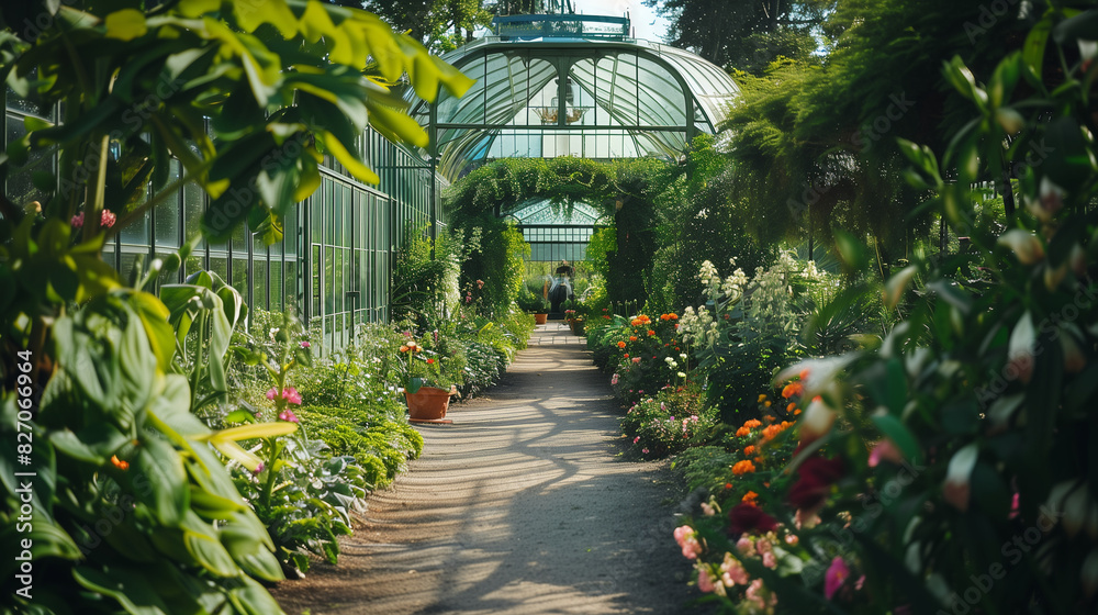 Obraz premium An idyllic afternoon in a classic botanical garden with majestic Victorian greenhouses is a combination of the charm of nature and architecture.