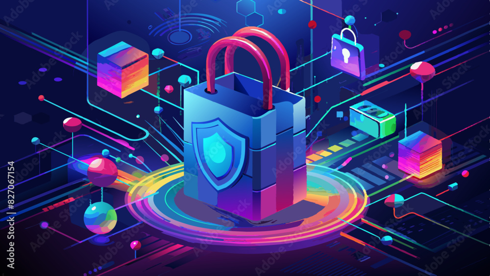 digital background with shopping bag and cyber security elements, hologram style, data flow in the air, digital lines digital background with shopping bag and cyber security elements, hologram style, data flow in the air, digital lines