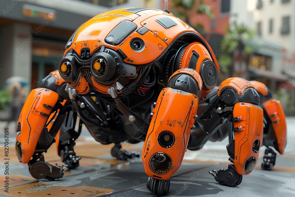 Futuristic orange and black robotic spider with glowing eyes. Futuristic orange and black robotic spider with glowing eyes.