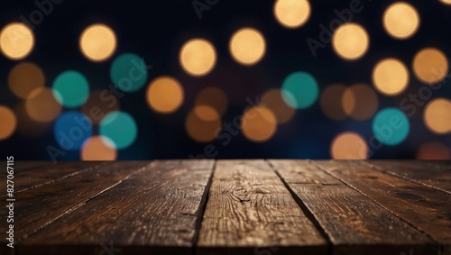 Empty wooden table with neon light bokeh background, night view, blurred bokeh lights background,