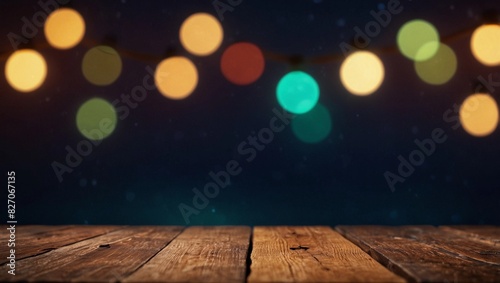 Empty wooden table with neon light bokeh background, night view, blurred bokeh lights background,