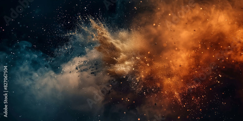 close up of an explosion in space  dark background  dust and smoke  Colorful explosion of dust and particles in blue and orange  creating a vibrant and dynamic scene with contrasting colors and intric