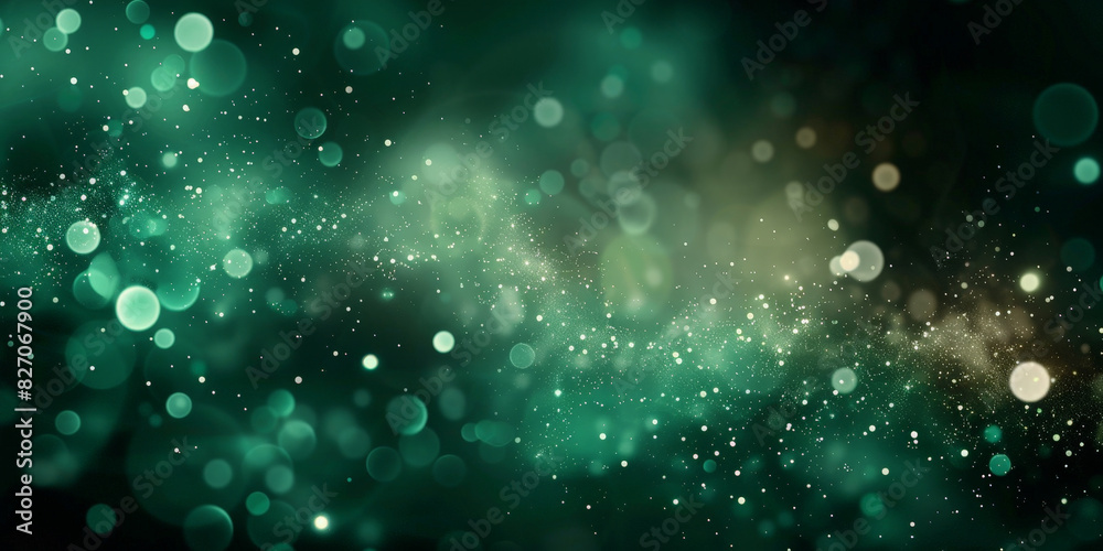 Obraz premium teal green bokeh background,Beautiful green bokeh lights on dark background, creating a mesmerizing and dreamy effect with soft, glowing orbs of various sizes and a deep, enchanting atmosphere.banner
