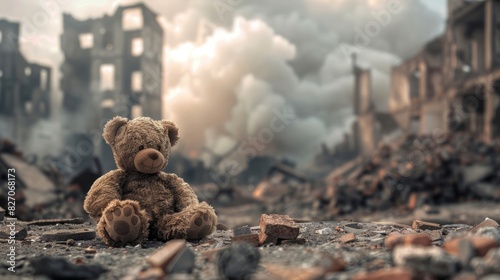 kids teddy bear toy over city burned destruction of an aftermath war conflict, earthquake or fire and smoke of world war against children peace innocence as copyspace banner