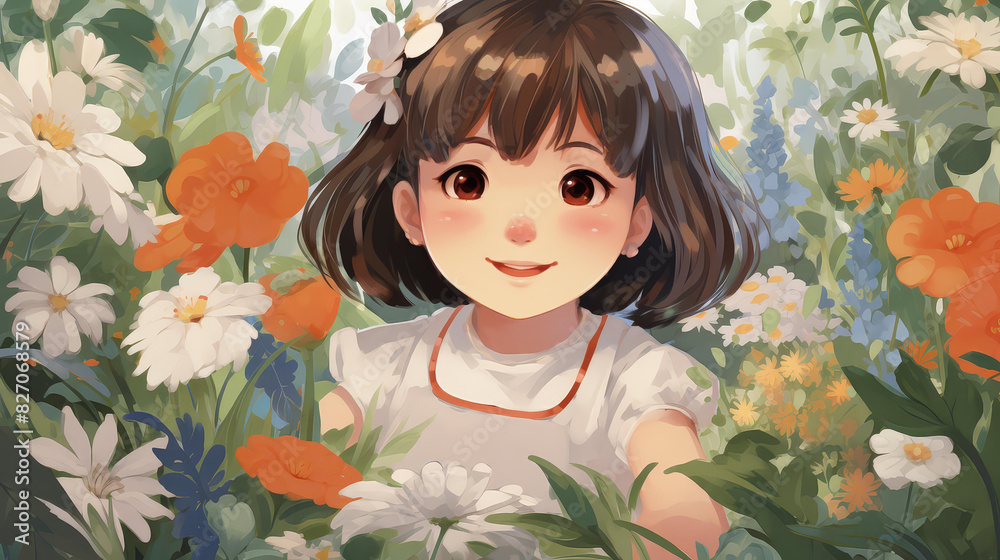 Vibrant garden scene in chibi style with vivid, pastel colors and a cartoony, stylized look through digital painting and vector art. Vibrant garden scene in chibi style with vivid, pastel colors and a cartoony, stylized look through digital painting and vector art.