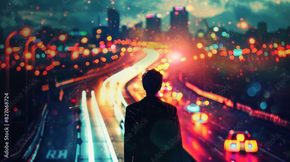of a business leaderâs silhouette combined with the glowing lights of a cityâs busy highway, representing direction and movement in business, business, vibrant city, lights backgro of a business leaderâs silhouette combined with the glowing lights of a cityâs busy highway, representing direction and movement in business, business, vibrant city, lights backgro