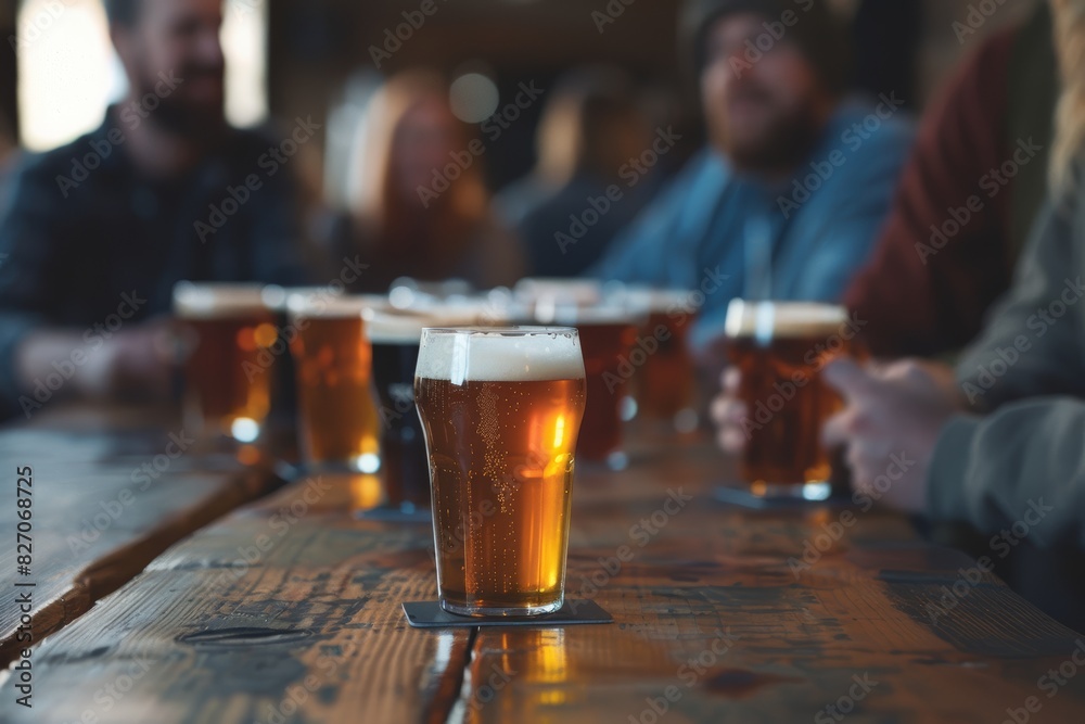Group of Friends Enjoying Craft Beers at a Rustic Pub in the Evening Group of Friends Enjoying Craft Beers at a Rustic Pub in the Evening