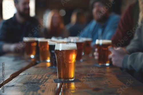 Group of Friends Enjoying Craft Beers at a Rustic Pub in the Evening