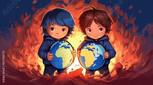 Vibrant chibistyle digital painting depicting global warming with vivid colors and pastel tones. photo